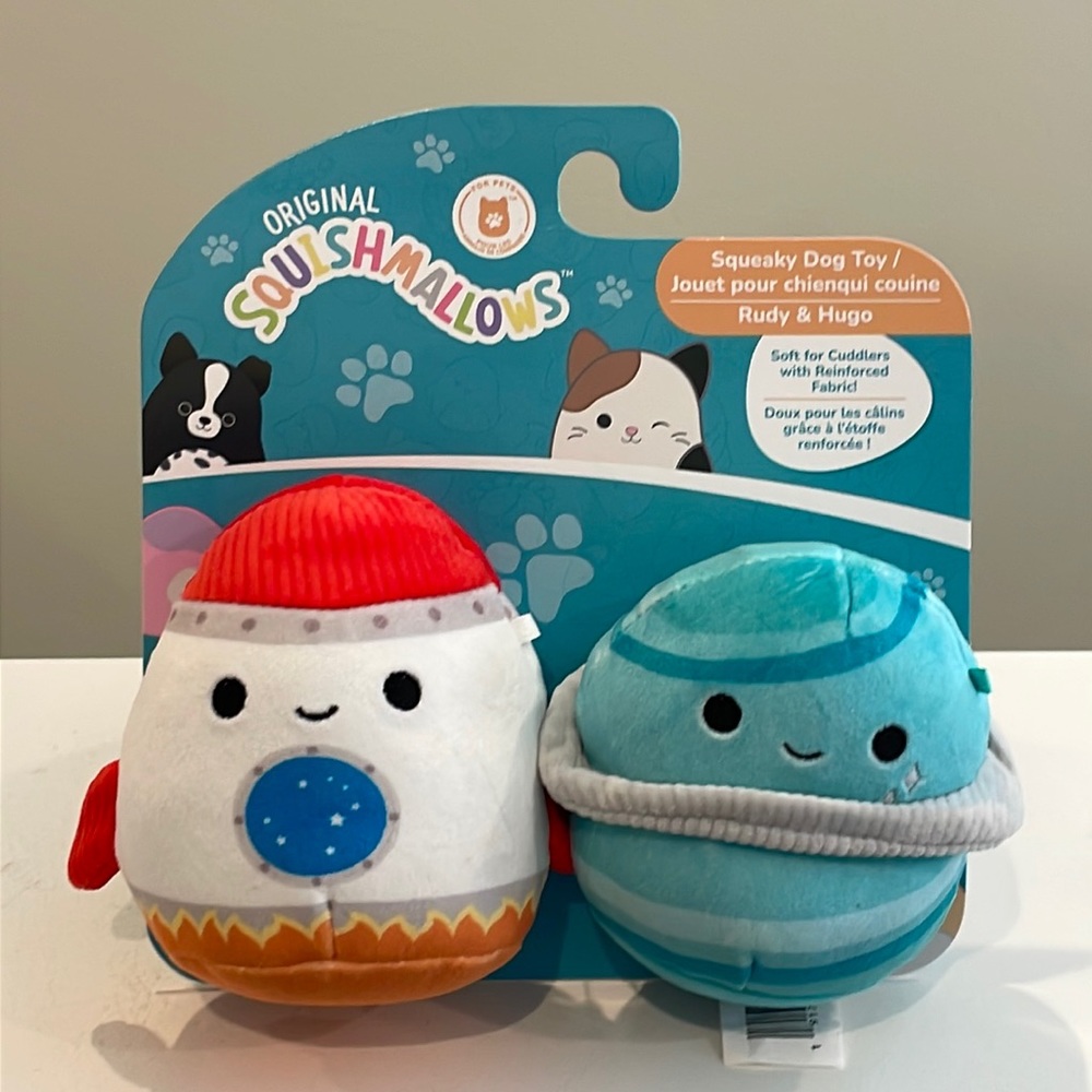 NWT 3.5” 2-pack Squeaky Squishmallow Dog Toys-Rudy the Rocket & Hugo the Planet